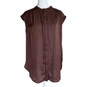 Rachel Zoe Chocolate Brown Sleeveless Satin Shirt Oversized Minimalist Fall Sz M